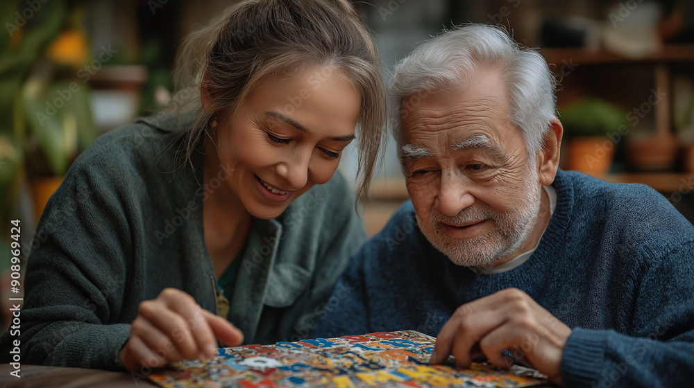 Elderly Man and Young Woman Smiling While Doing Puzzle Elderly Man and Young Woman Smiling While Doing Puzzle
