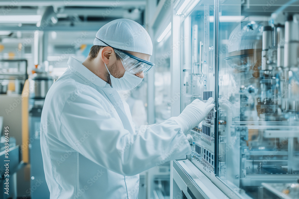 An engineer working in a white uniform and protective goggles is checking the chips of electronic devices in front of laboratory equipment and modern engineering machinery, laboratory background. An engineer working in a white uniform and protective goggles is checking the chips of electronic devices in front of laboratory equipment and modern engineering machinery, laboratory background.