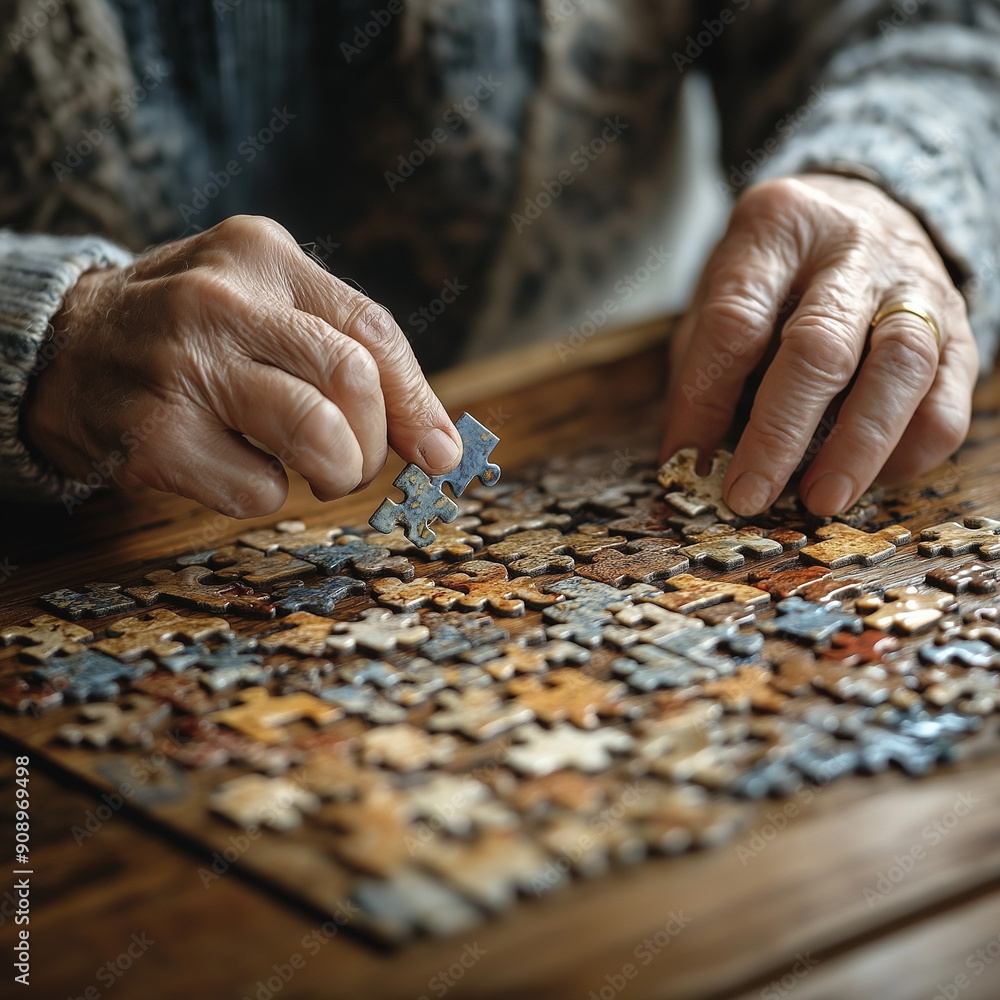 Close-Up of Elderly Hands Assembling Jigsaw Puzzle Close-Up of Elderly Hands Assembling Jigsaw Puzzle