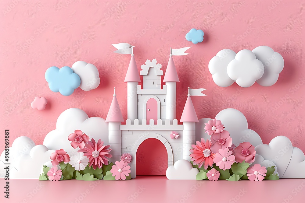 Whimsical Castle in a Paper Cutout Style Surrounded by Cloud Forest in Pastel Wonderland Whimsical Castle in a Paper Cutout Style Surrounded by Cloud Forest in Pastel Wonderland
