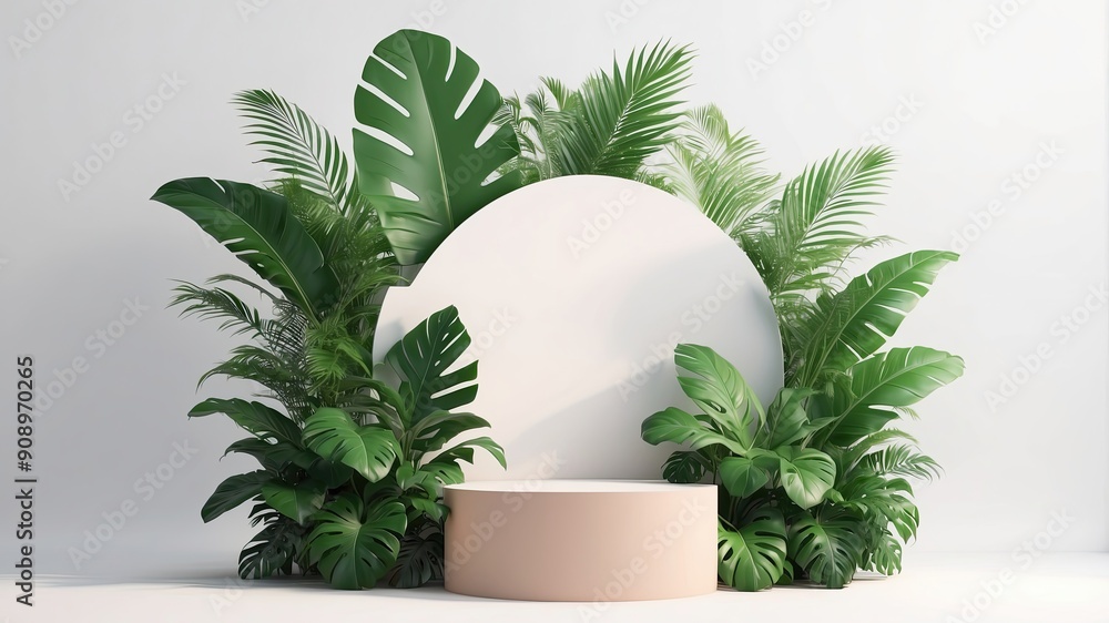 3D podium, showcased on a light white background with shadows in green tropical leaves of plants 3D podium, showcased on a light white background with shadows in green tropical leaves of plants