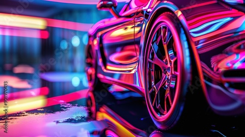Neon Glow: Close-Up of Vibrant Sports Car with Long Exposure Light Trails