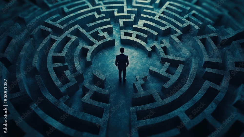 Businessman Standing in the Center of a Circular Maze Businessman Standing in the Center of a Circular Maze
