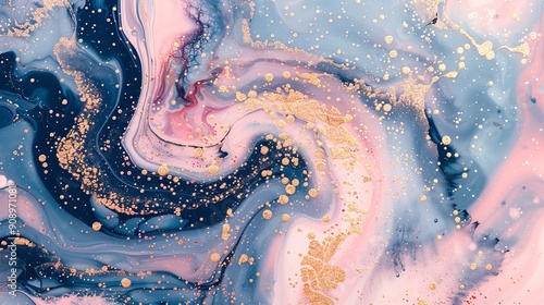 This image features a mesmerizing abstract design with swirling blue and pink colors, accented by gold splashes, evoking a sense of cosmic wonder and artistic expression. photo