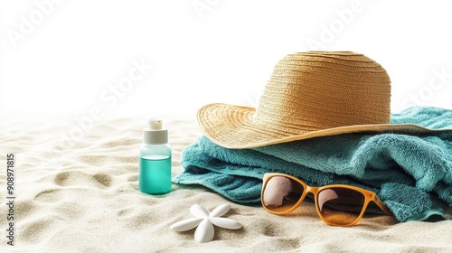 A beach towel, straw hat, sunglasses, and sunscreen bottle symbolizing relaxation, sun protection, and a perfect day at the beach.