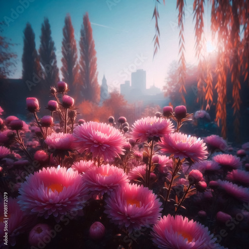 garden flower pink shrub chrysanthemum, clear autumn day in the garden photo