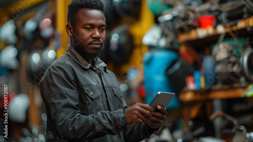 A black mechanic with a beard working in the garage, holding a tablet computer and smiling at the camera.