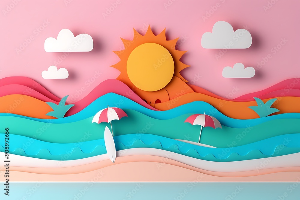 Serene Sunny Beachscape with Layered Papercut Art Featuring Sun, Waves, and Umbrellas Serene Sunny Beachscape with Layered Papercut Art Featuring Sun, Waves, and Umbrellas