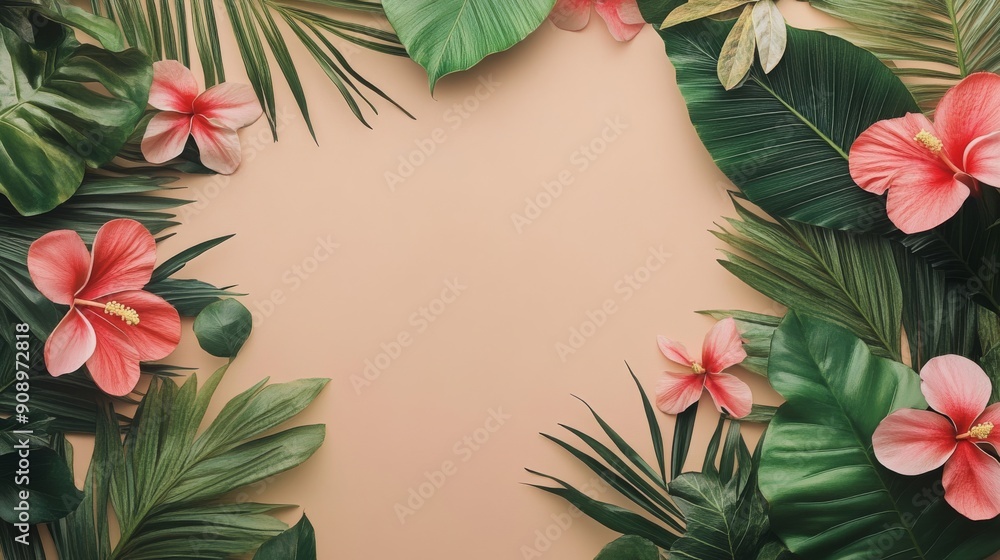 Fototapeta premium Pink Hibiscus Flowers and Lush Green Tropical Leaves on a Tan Background