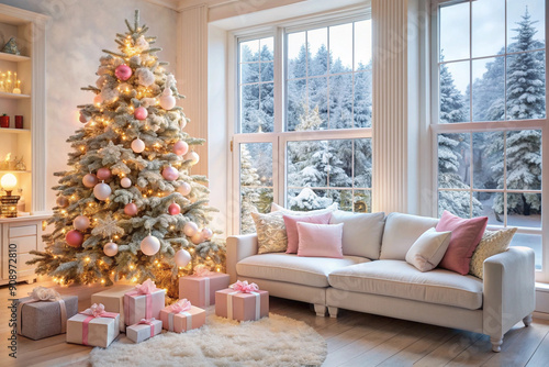 New Year’s Christmas interior featuring a room elegantly decorated for the holiday. Includes a cozy fireplace, festive garlands, candles, a beautifully adorned Christmas tree, and presents. 