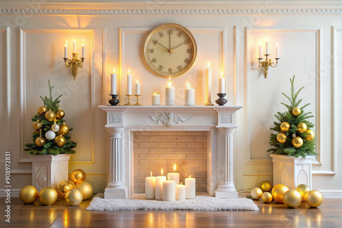 New Year’s Christmas interior featuring a room elegantly decorated for the holiday. Includes a cozy fireplace, festive garlands, candles, a beautifully adorned Christmas tree, and presents. 