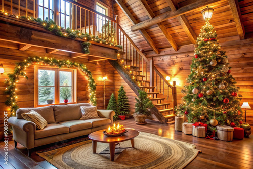 New Year’s Christmas interior featuring a room elegantly decorated for the holiday. Includes a cozy fireplace, festive garlands, candles, a beautifully adorned Christmas tree, and presents. 