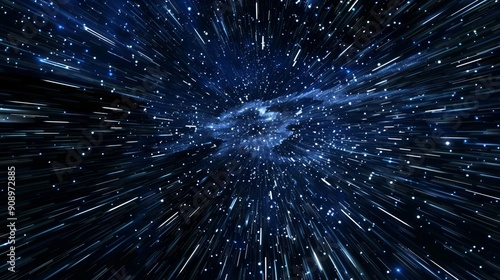 This image shows a dynamic and stunning view of outer space with stars appearing to accelerate at light speed, creating an intense visual representation of space travel and speed. photo