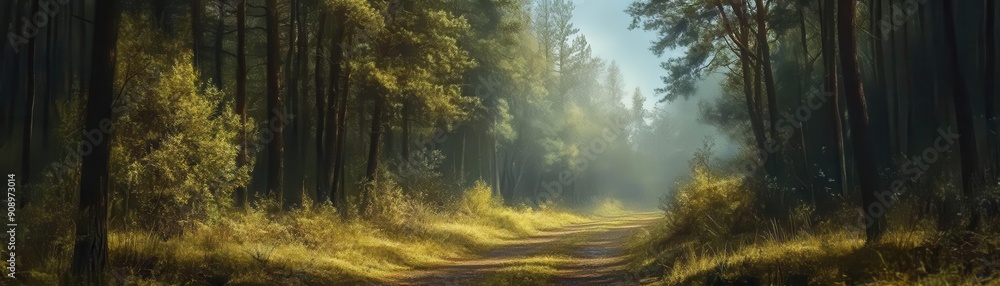Obraz premium Abandoned road in overgrown pine forest, sense of mystery and decay