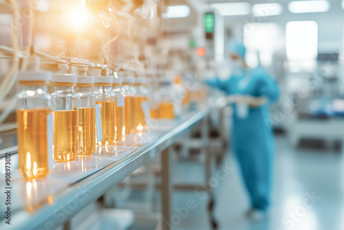 Automated line for the production of modern medical devices. Ampoules and tubes stand on a conveyor belt in a bright laboratory.  Of robotisation in the production of medical products. Baner, poster photo