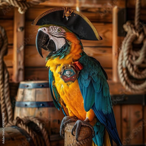 Colorful parrot in pirate attire with eyepatch and Jolly Roger on a wooden post photo