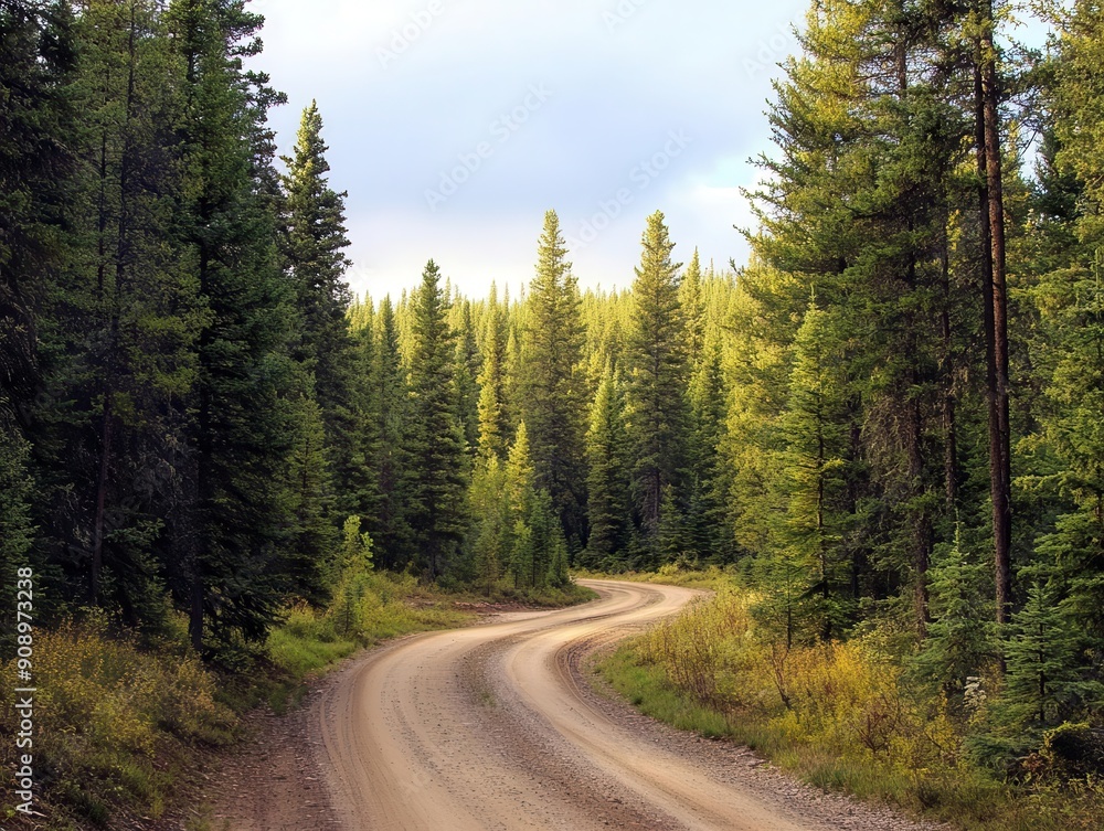Dirt road winding through pine forest, rugged and wild Dirt road winding through pine forest, rugged and wild