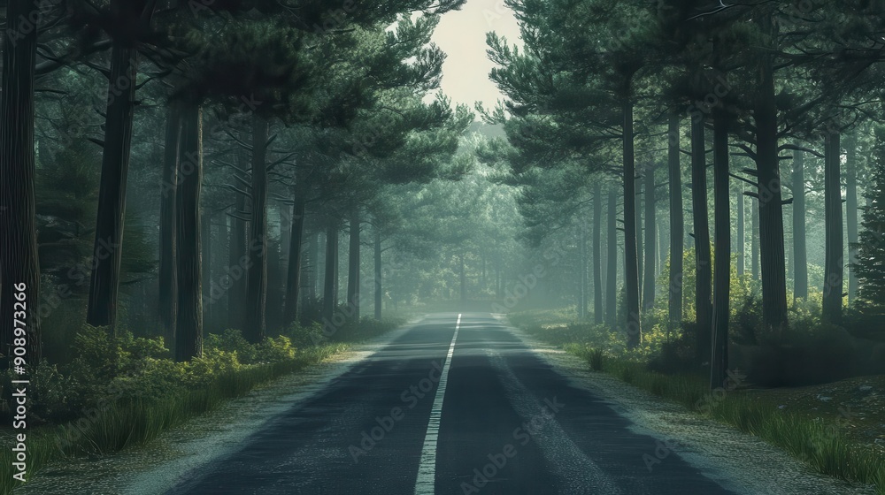Fototapeta premium Empty road lined with towering pine trees, peaceful and isolated