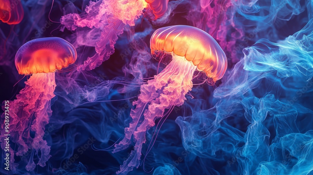 Three jellyfish gracefully move through an ethereal blue and pink smoke, symbolizing beauty, grace, mystery, tranquility, and the ocean. Three jellyfish gracefully move through an ethereal blue and pink smoke, symbolizing beauty, grace, mystery, tranquility, and the ocean.