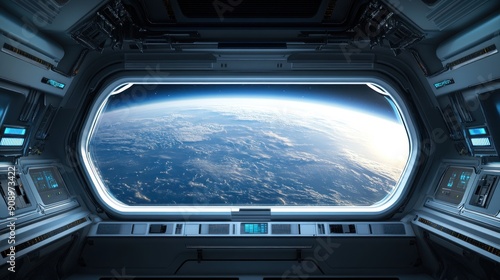 Fototapeta Naklejka Na Ścianę i Meble -  Futuristic Spaceship Interior with Earth View from a Large Window
