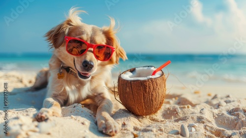 A cheerful dog relaxes on the beach wearing sunglasses, next to a coconut drink under the sun photo