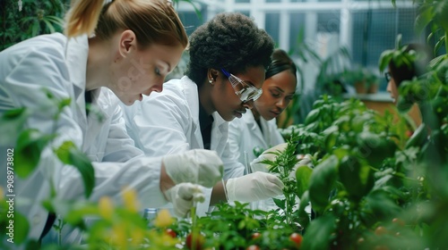 Diverse team of biologists studying plant genetics, surrounded by greenery in lab photo