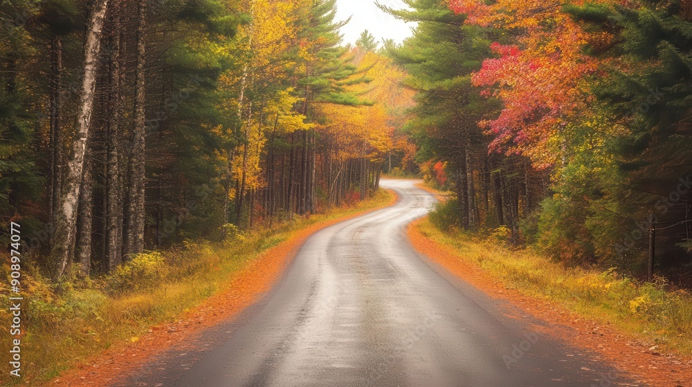 Obraz premium Scenic drive through autumnal pine forest, colorful foliage lining the road