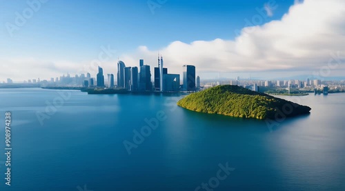 Modern City with Island in Front of the Sea under Blue Sky with Moving Clouds