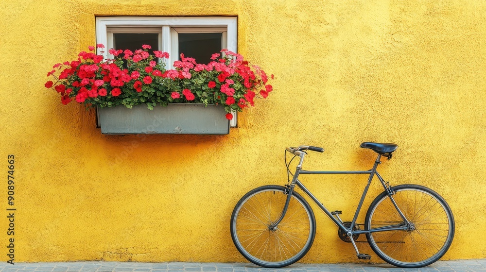 Bicycle Leaning Against Yellow Wall with Window Box of Flowers Bicycle Leaning Against Yellow Wall with Window Box of Flowers