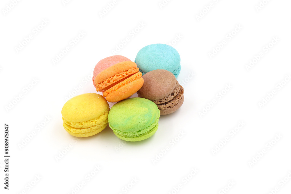 Sweet colorful macarons isolated on white background. Tasty colourful macaroons. Sweet colorful macarons isolated on white background. Tasty colourful macaroons.