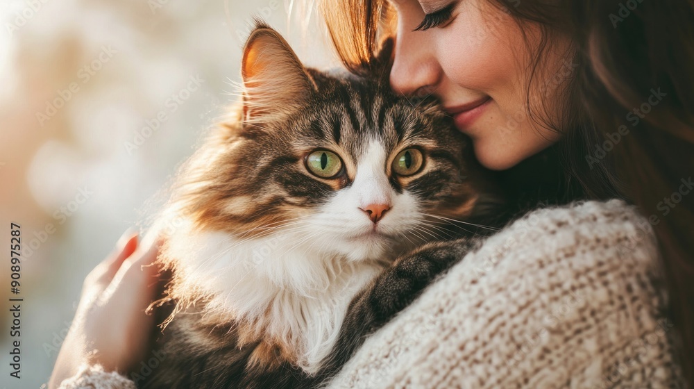 Woman Holding a Cat with Green Eyes and White Fur Woman Holding a Cat with Green Eyes and White Fur