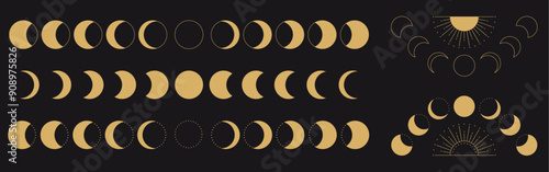 Abstract set of boho moon cycles, lunar phases from new to full moon in trendy gold color.