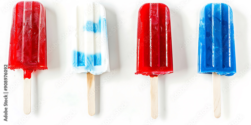 Red white and blue popsicles on a white background, perfect for summer, patriotic celebrations, and refreshing treats. Red white and blue popsicles on a white background, perfect for summer, patriotic celebrations, and refreshing treats.