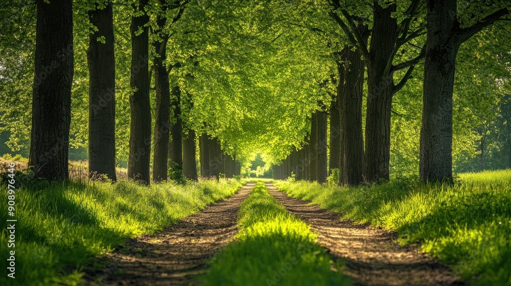 Sunlit Path Through Lush Green Tree Tunnel Sunlit Path Through Lush Green Tree Tunnel