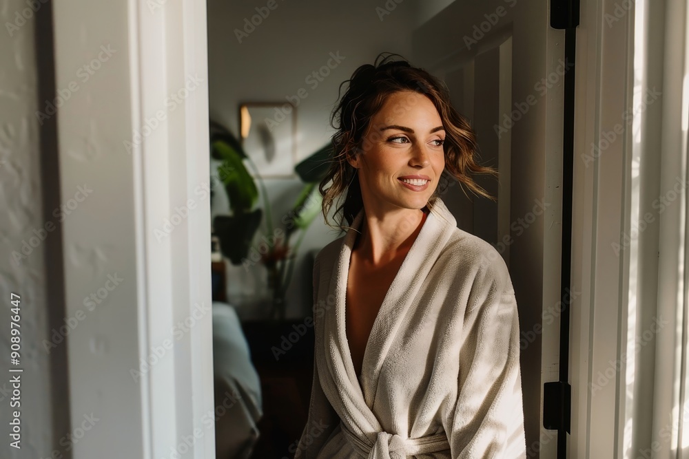 Fototapeta premium A woman in a bathrobe comes out of the bathroom.