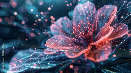 A vibrant digital flower with holographic effects, showcasing a fusion of nature and technology, with abstract neon lines enhancing its futuristic appearance.
