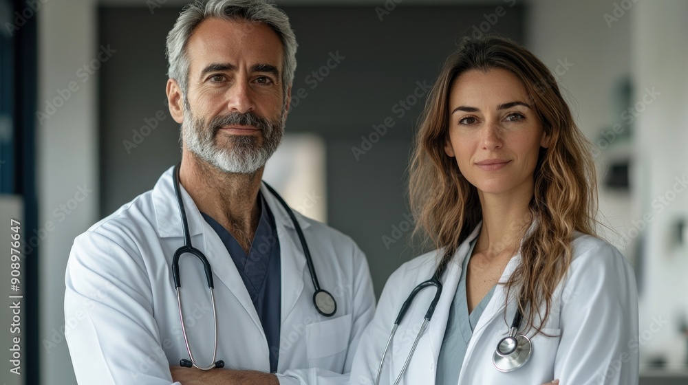 Two doctors, a man and a woman, are captured in a professional portrait wearing white coats and stethoscopes. The image features a clean, uncluttered background with plenty of copy space, allowing Two doctors, a man and a woman, are captured in a professional portrait wearing white coats and stethoscopes. The image features a clean, uncluttered background with plenty of copy space, allowing