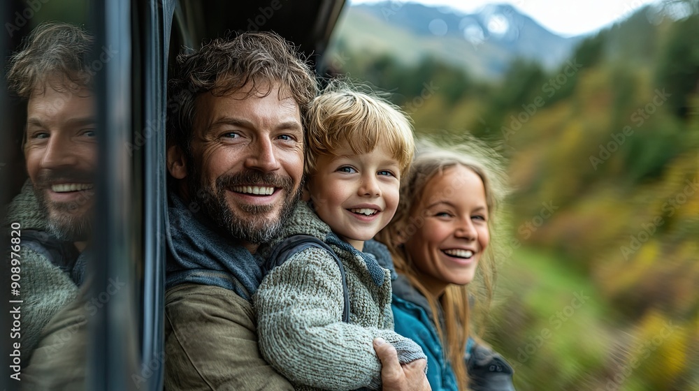 17. Family enjoying a scenic train ride, the children looking out the window in awe, the parents smiling and enjoying the journey 17. Family enjoying a scenic train ride, the children looking out the window in awe, the parents smiling and enjoying the journey