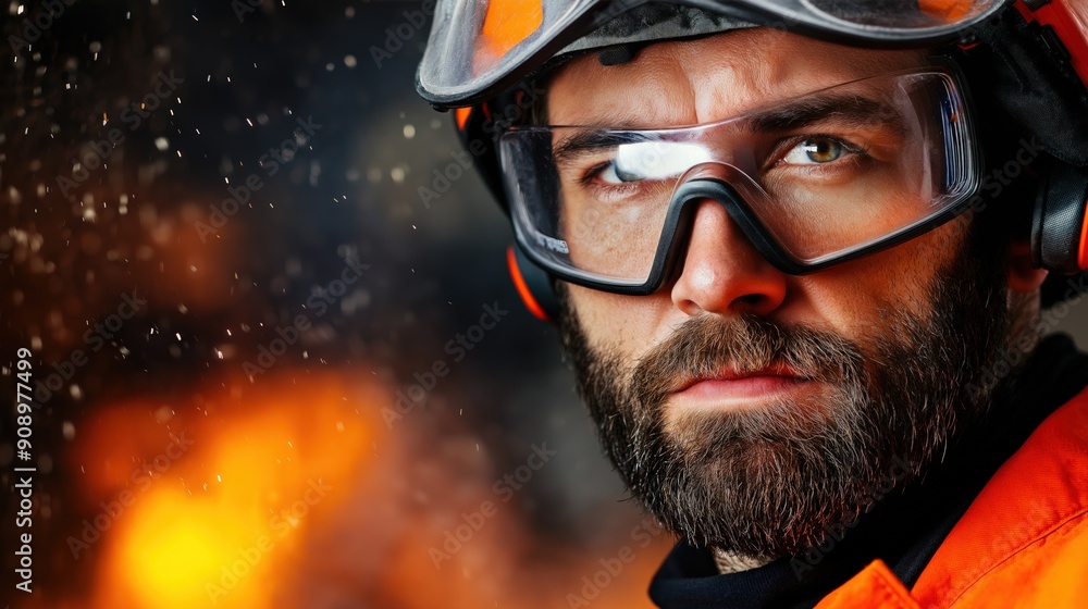 Firefighter focuses intently while combating flames in a challenging setting Firefighter focuses intently while combating flames in a challenging setting