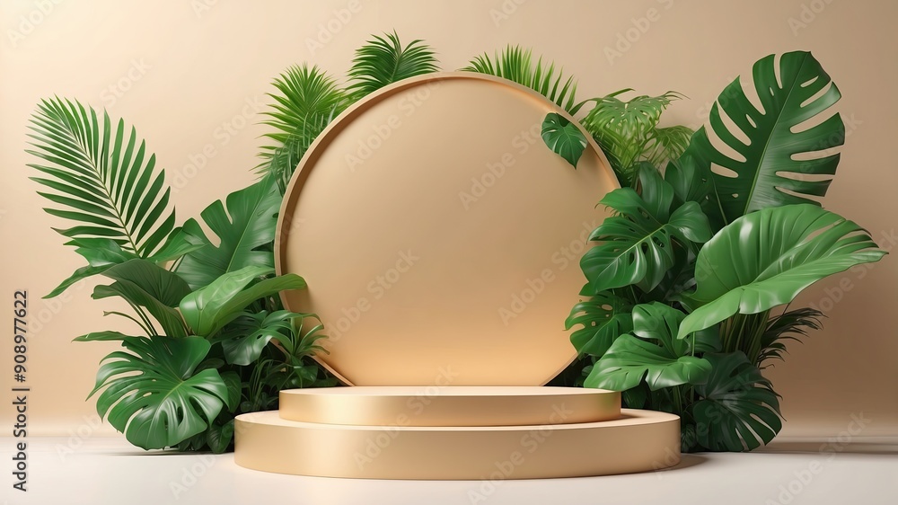 3D render podium showcased on a light golden background with shadows in green tropical leaves of plant 3D render podium showcased on a light golden background with shadows in green tropical leaves of plant