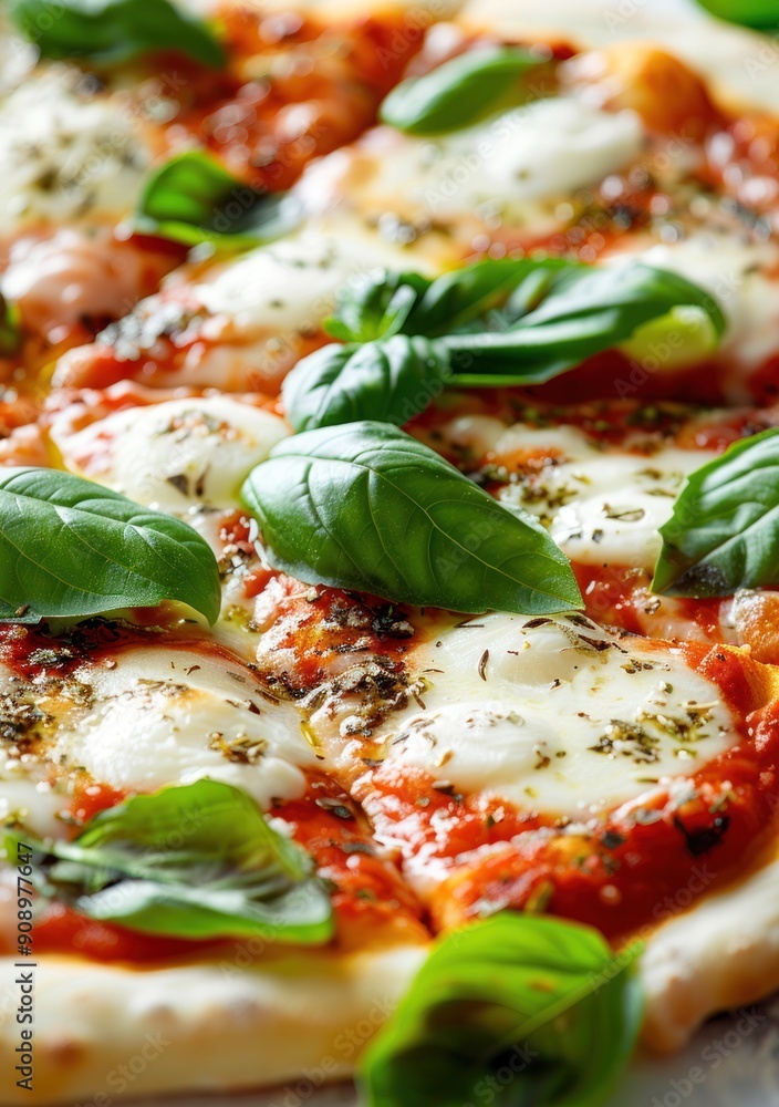 Close-Up of Delicious Pizza with Mozzarella and Basil Close-Up of Delicious Pizza with Mozzarella and Basil