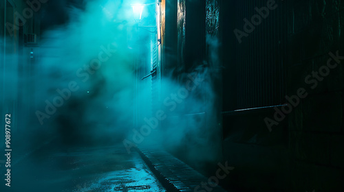 A mysterious, dark, and foggy alleyway with blue and green lighting, perfect for a horror, thriller, or suspenseful movie scene.  photo