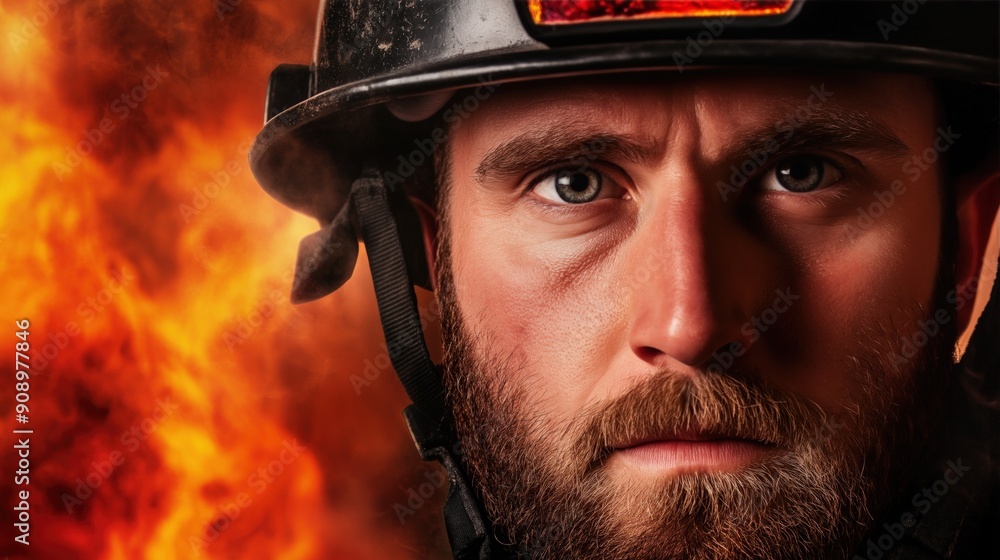 Firefighter stands firm, focused on safety amidst raging flames and smoke Firefighter stands firm, focused on safety amidst raging flames and smoke