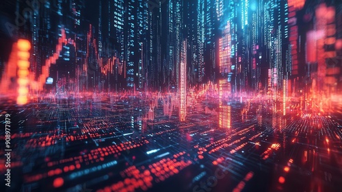 Futuristic data visualization with vibrant lines and patterns representing technology and analytics in a digital landscape.