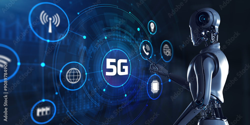 Fototapeta premium 5G wireless internet connection telecommunication concept. Robot pressing button on screen 3d render.