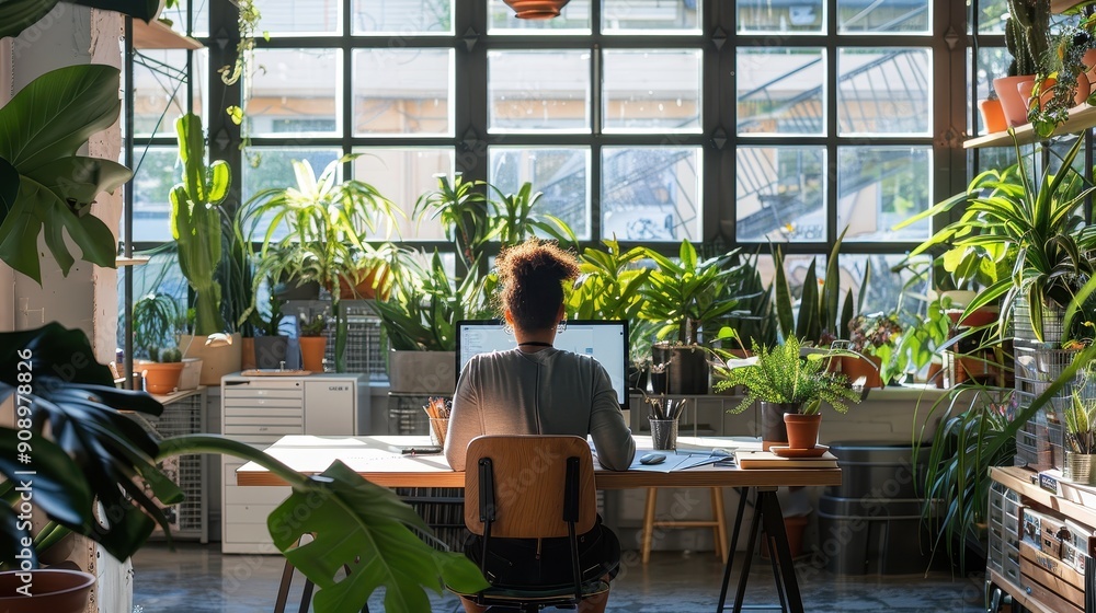 A person working in a bright, open office space with plants and natural light, looking productive and focused A person working in a bright, open office space with plants and natural light, looking productive and focused