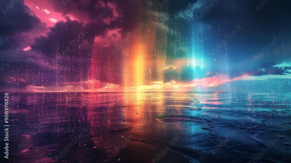 A Mesmerizing Rainbow of Raindrops Cascading on the Sea, Weaving Colorful Light and Shadow, Bridging Sky and Earth, Graphic Resources, Wallpapers, Brochure, Websites, banner, Advertising, background A Mesmerizing Rainbow of Raindrops Cascading on the Sea, Weaving Colorful Light and Shadow, Bridging Sky and Earth, Graphic Resources, Wallpapers, Brochure, Websites, banner, Advertising, background