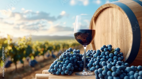 A close-up of a wine glass, barrel, and grape bunch with a vineyard in the background under a clear blue sky. photo