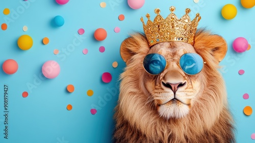 A majestic lion wearing a golden crown and sunglasses against a colorful, playful background. Animal royalty concept with a modern twist.