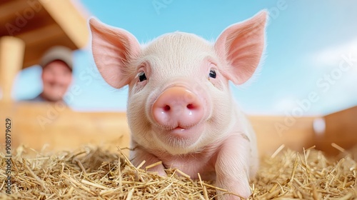 Adorable pink piglet on hay with a blurred farmer in the background. Cute farm animal under blue sky at a rustic barn setting.